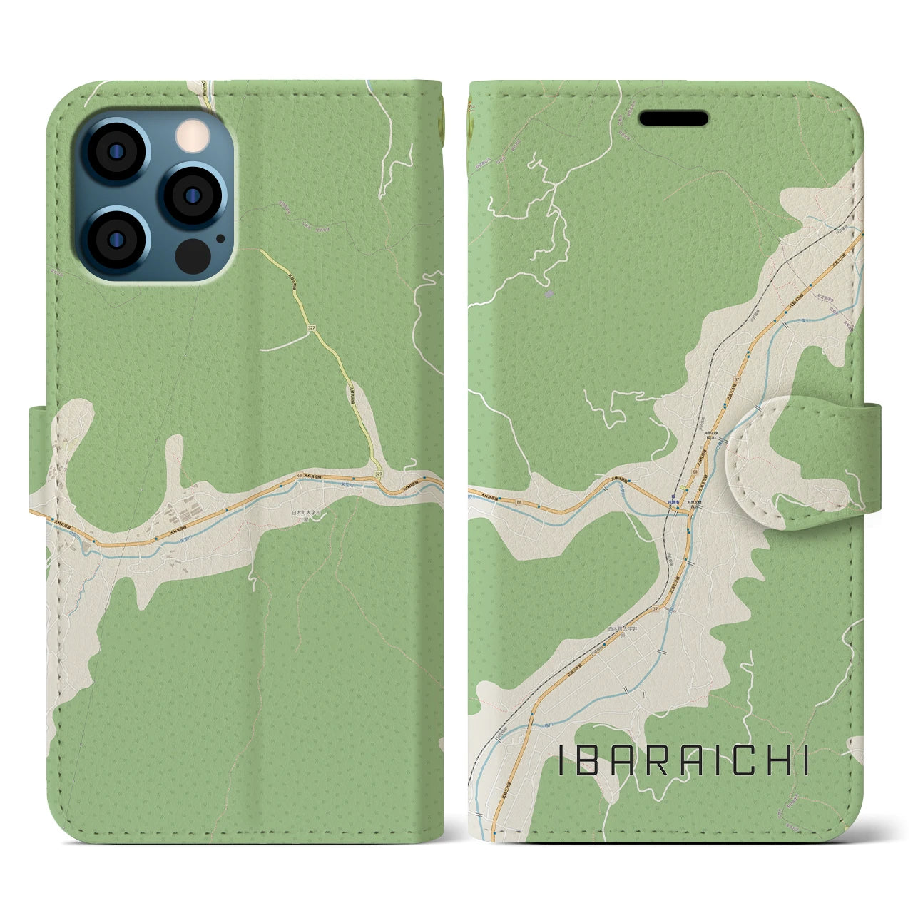 【井原市(広島県)】地図柄iPhoneケース(手帳タイプ)ナチュラル・iPhone 12 / 12 Pro 用