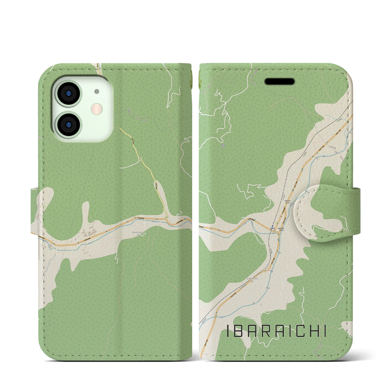 【井原市(広島県)】地図柄iPhoneケース(手帳タイプ)ナチュラル・iPhone 12 mini 用