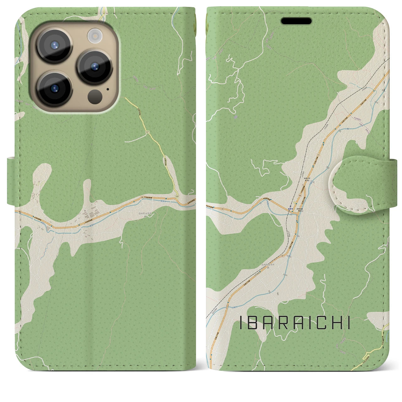 【井原市(広島県)】地図柄iPhoneケース(手帳タイプ)ナチュラル・iPhone 14 Pro Max 用
