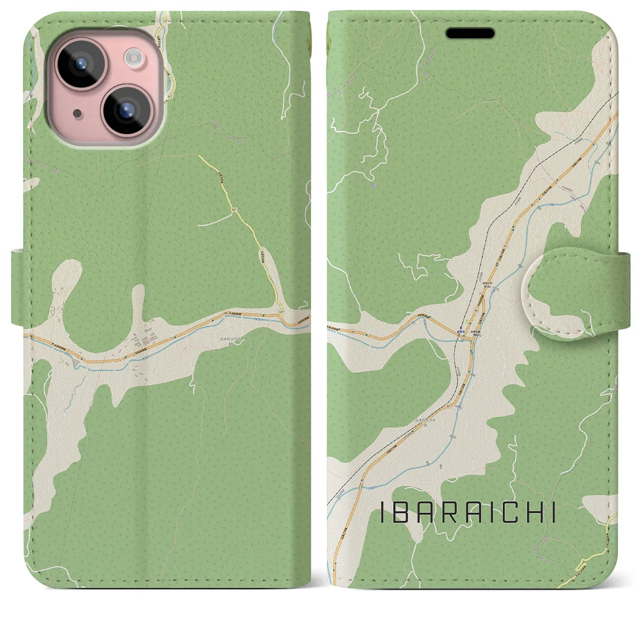 【井原市(広島県)】地図柄iPhoneケース(手帳タイプ)ナチュラル・iPhone 15 Plus 用