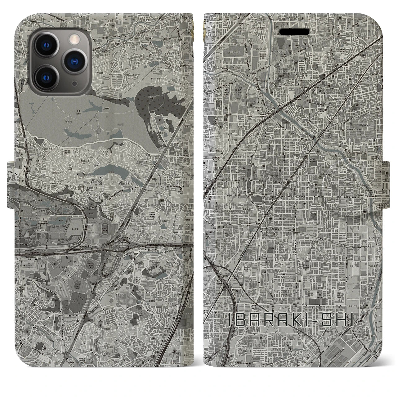 【茨木市(大阪府)】地図柄iPhoneケース(手帳タイプ)モノトーン・iPhone 11 Pro Max 用