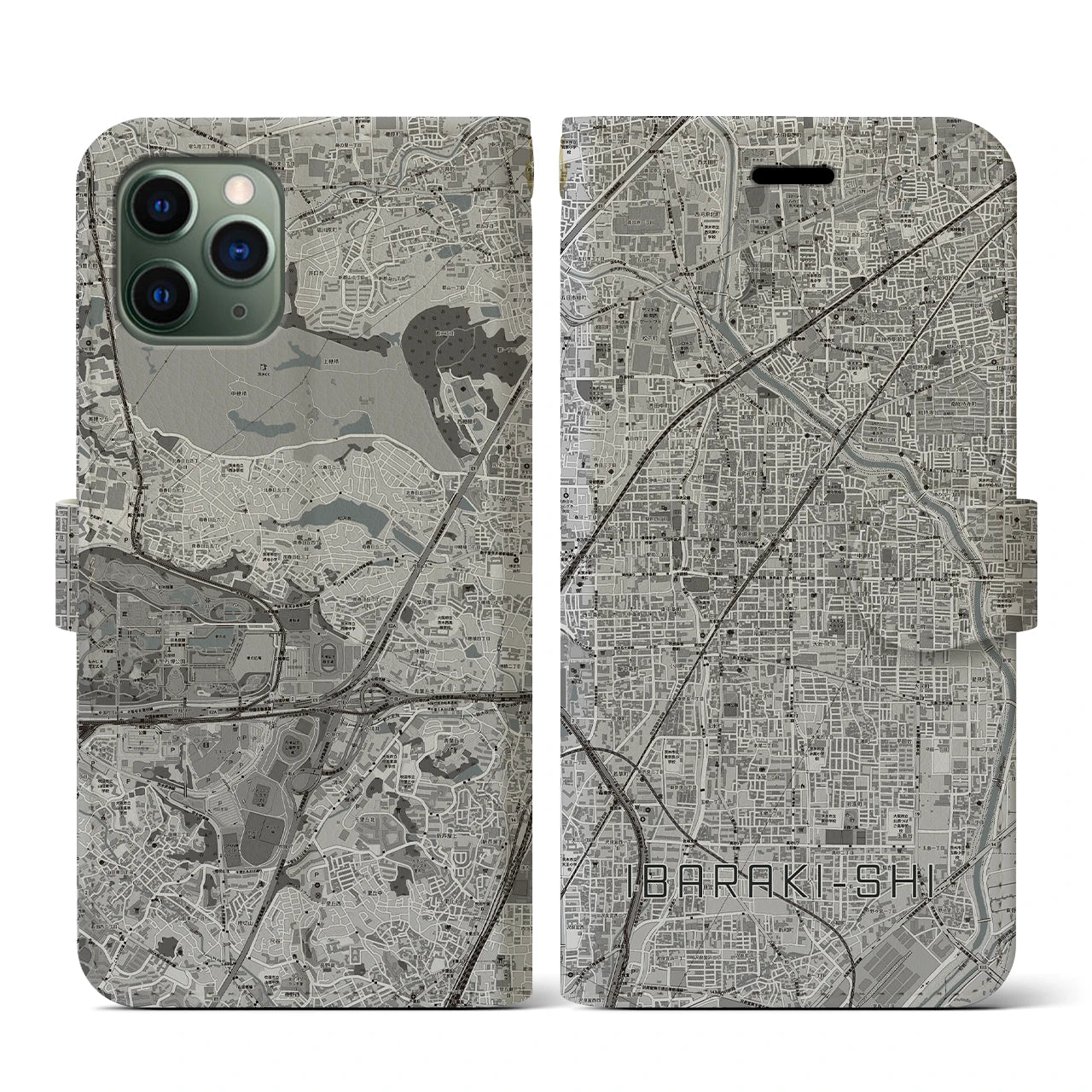 【茨木市(大阪府)】地図柄iPhoneケース(手帳タイプ)モノトーン・iPhone 11 Pro 用
