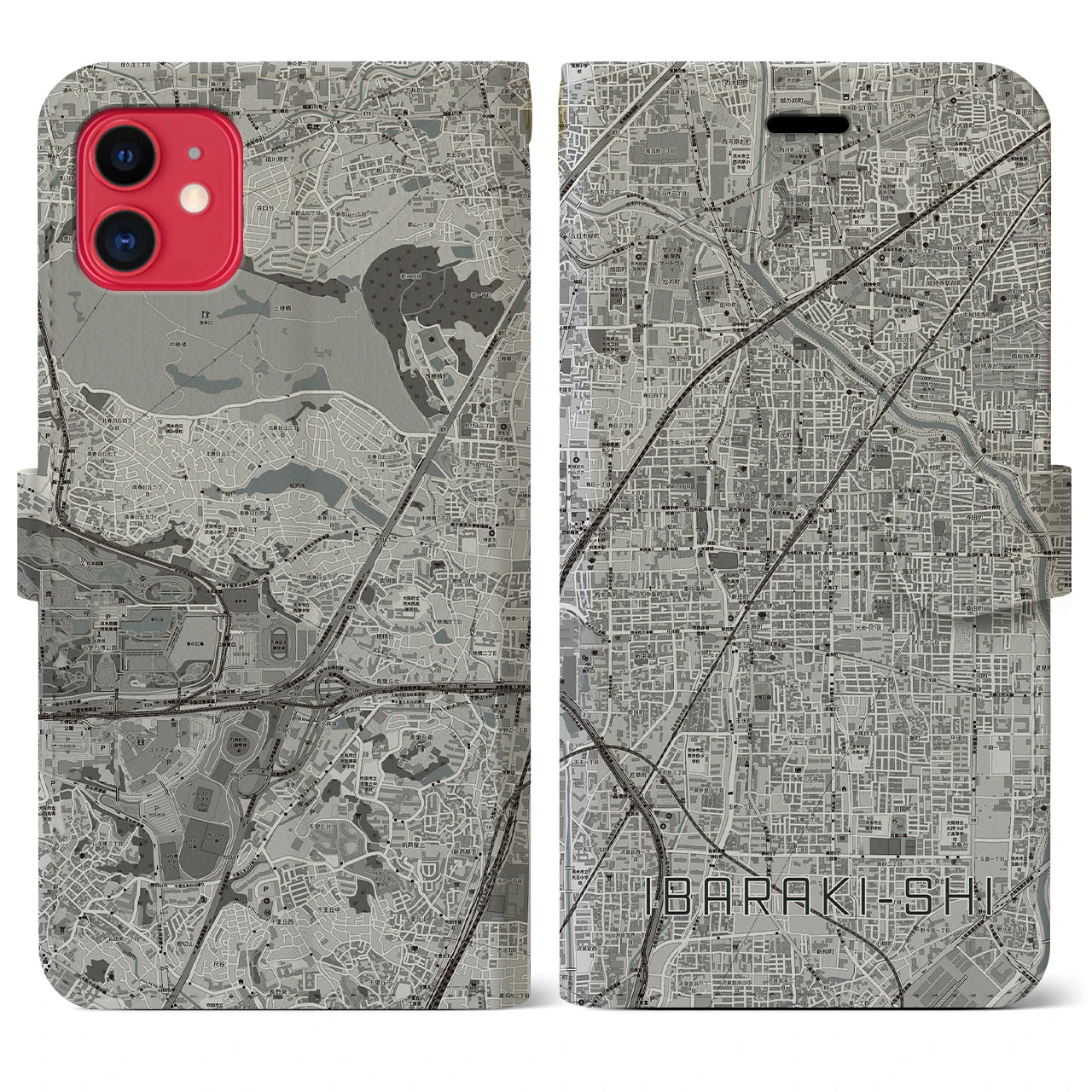 【茨木市(大阪府)】地図柄iPhoneケース(手帳タイプ)モノトーン・iPhone 11 用