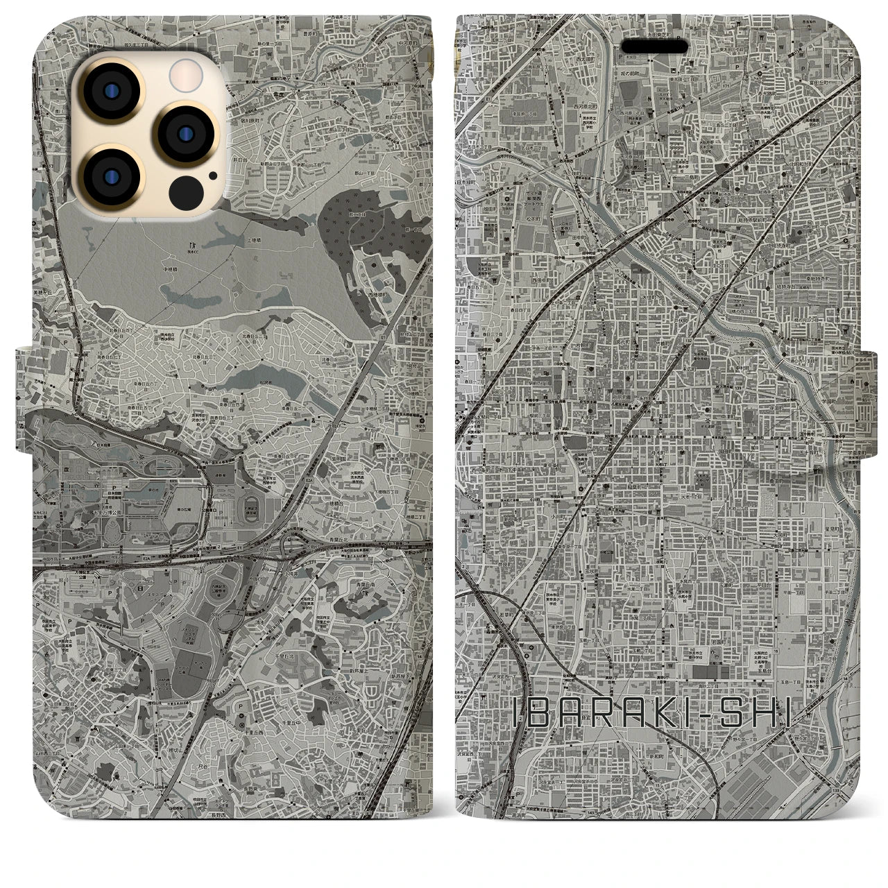 【茨木市(大阪府)】地図柄iPhoneケース(手帳タイプ)モノトーン・iPhone 12 Pro Max 用