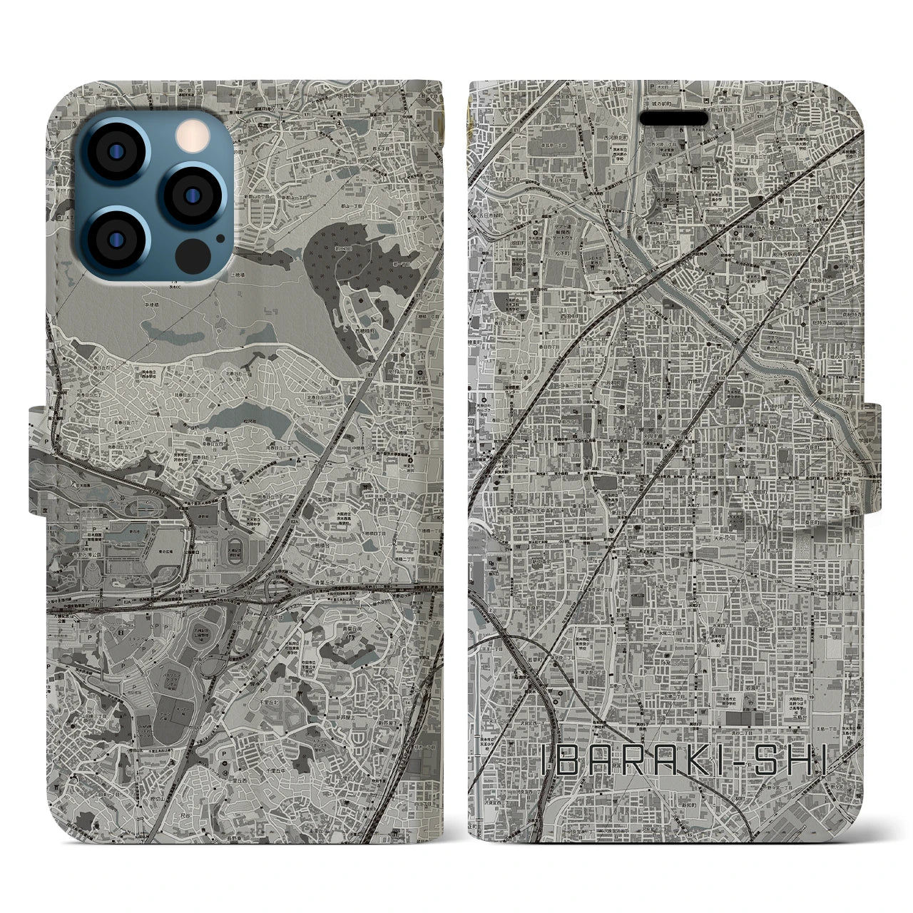 【茨木市(大阪府)】地図柄iPhoneケース(手帳タイプ)モノトーン・iPhone 12 / 12 Pro 用