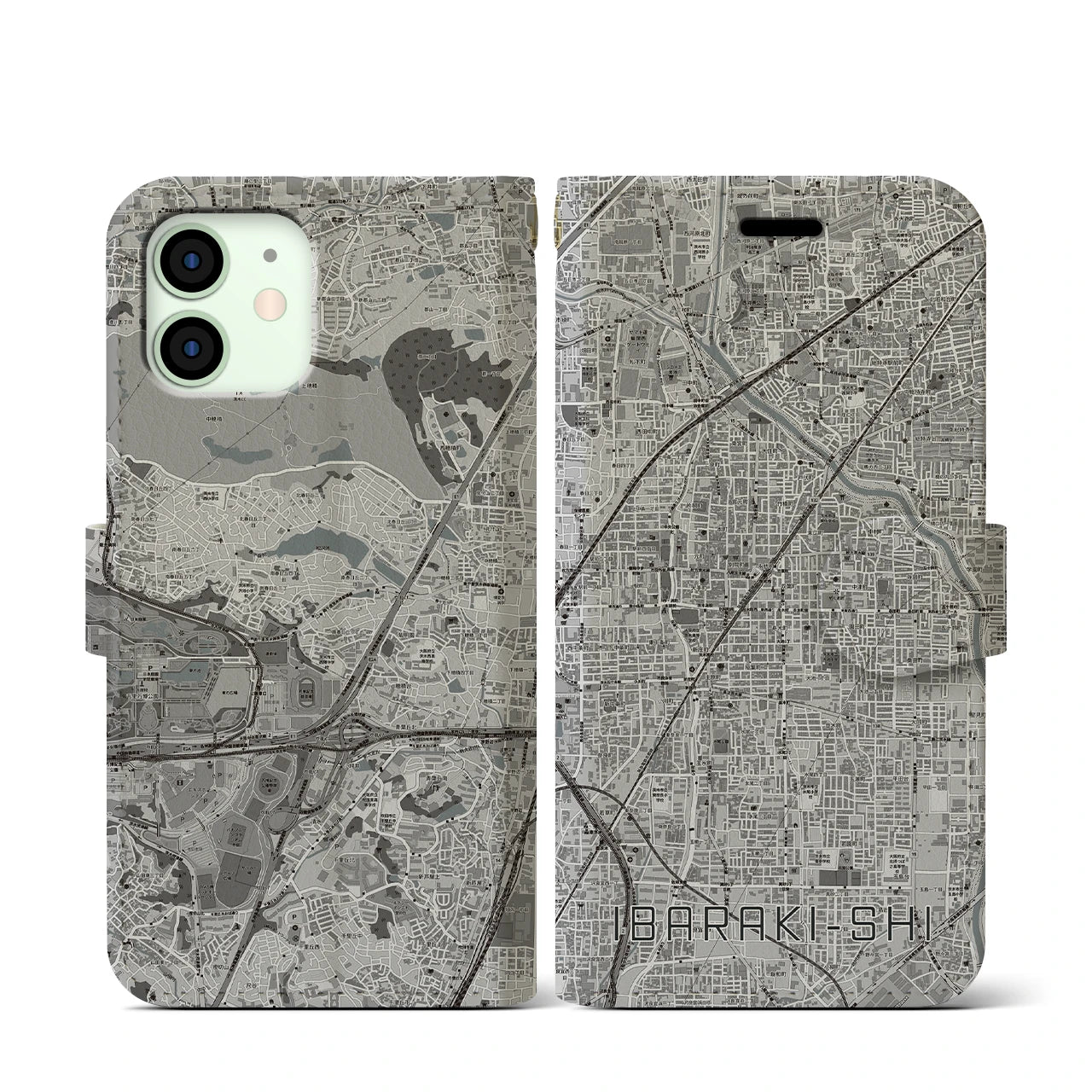 【茨木市(大阪府)】地図柄iPhoneケース(手帳タイプ)モノトーン・iPhone 12 mini 用