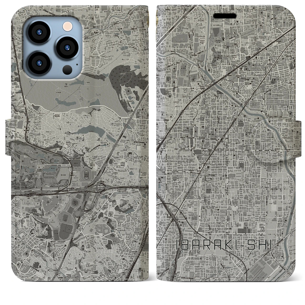 【茨木市(大阪府)】地図柄iPhoneケース(手帳タイプ)モノトーン・iPhone 13 Pro Max 用