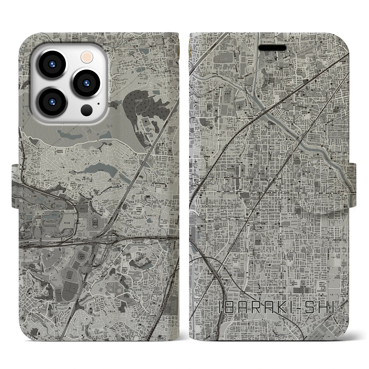 【茨木市(大阪府)】地図柄iPhoneケース(手帳タイプ)モノトーン・iPhone 13 Pro 用