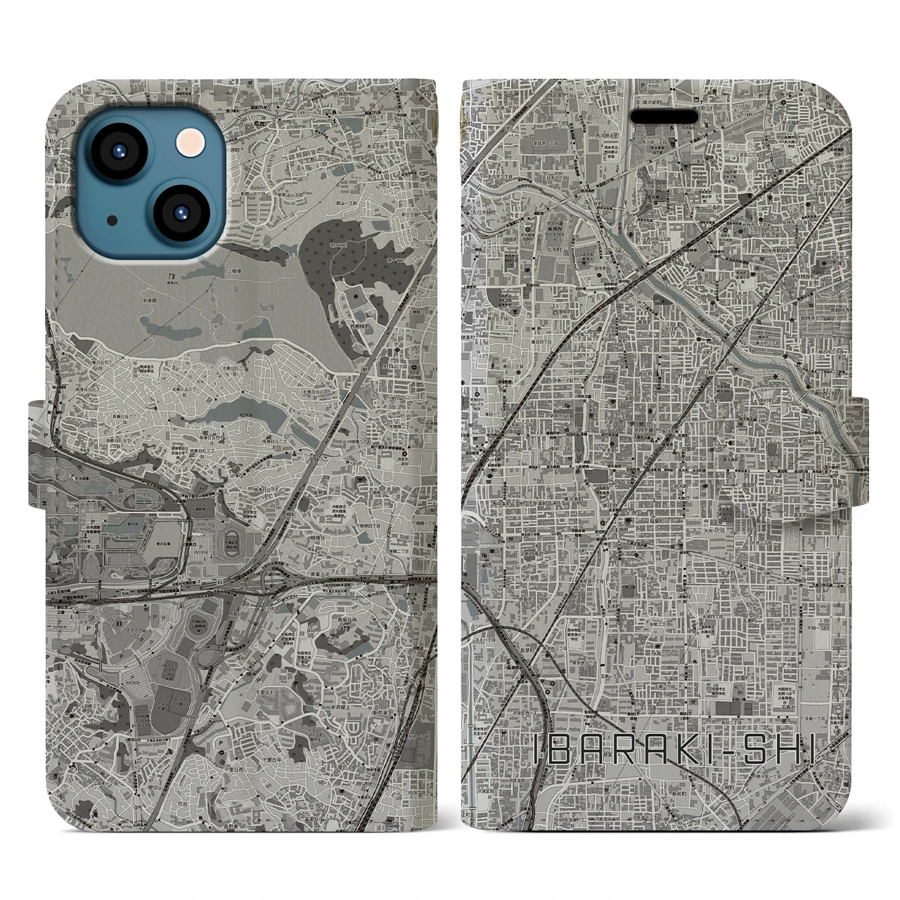 【茨木市(大阪府)】地図柄iPhoneケース(手帳タイプ)モノトーン・iPhone 13 用