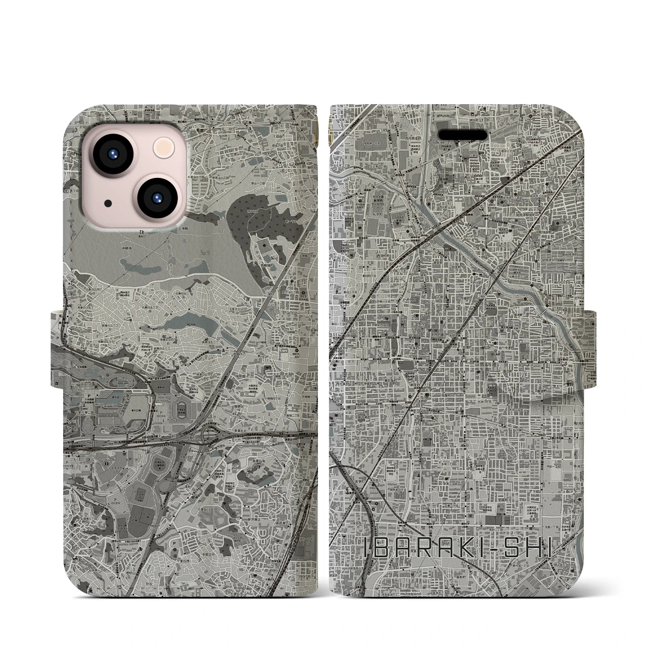 【茨木市(大阪府)】地図柄iPhoneケース(手帳タイプ)モノトーン・iPhone 13 mini 用