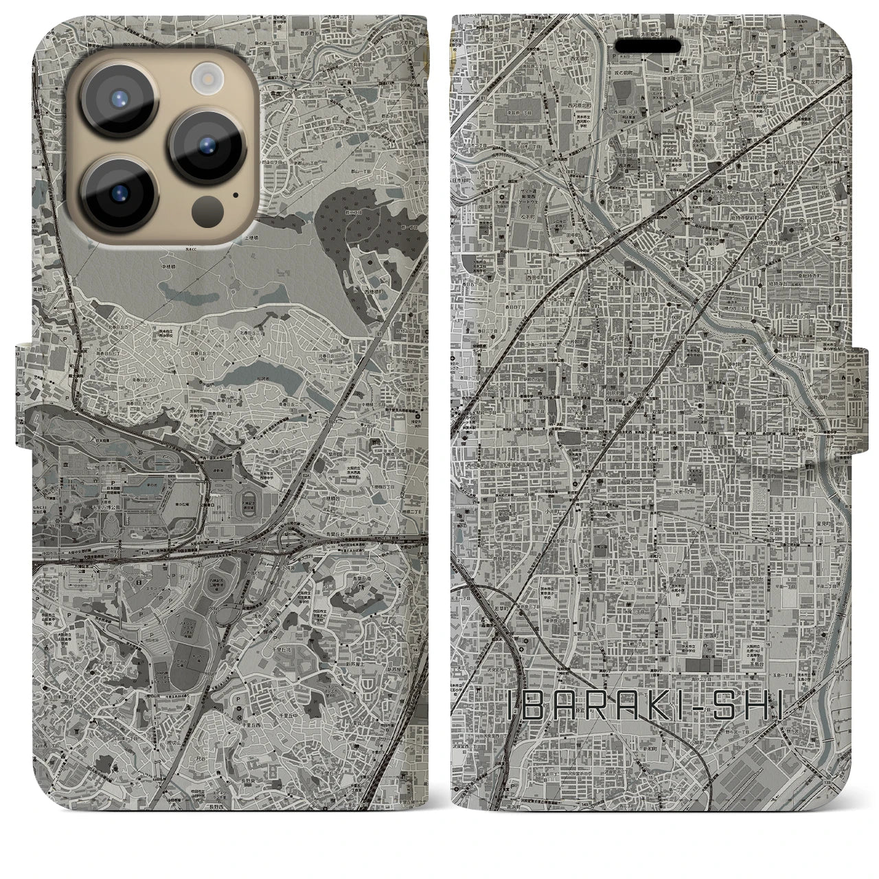 【茨木市(大阪府)】地図柄iPhoneケース(手帳タイプ)モノトーン・iPhone 14 Pro Max 用