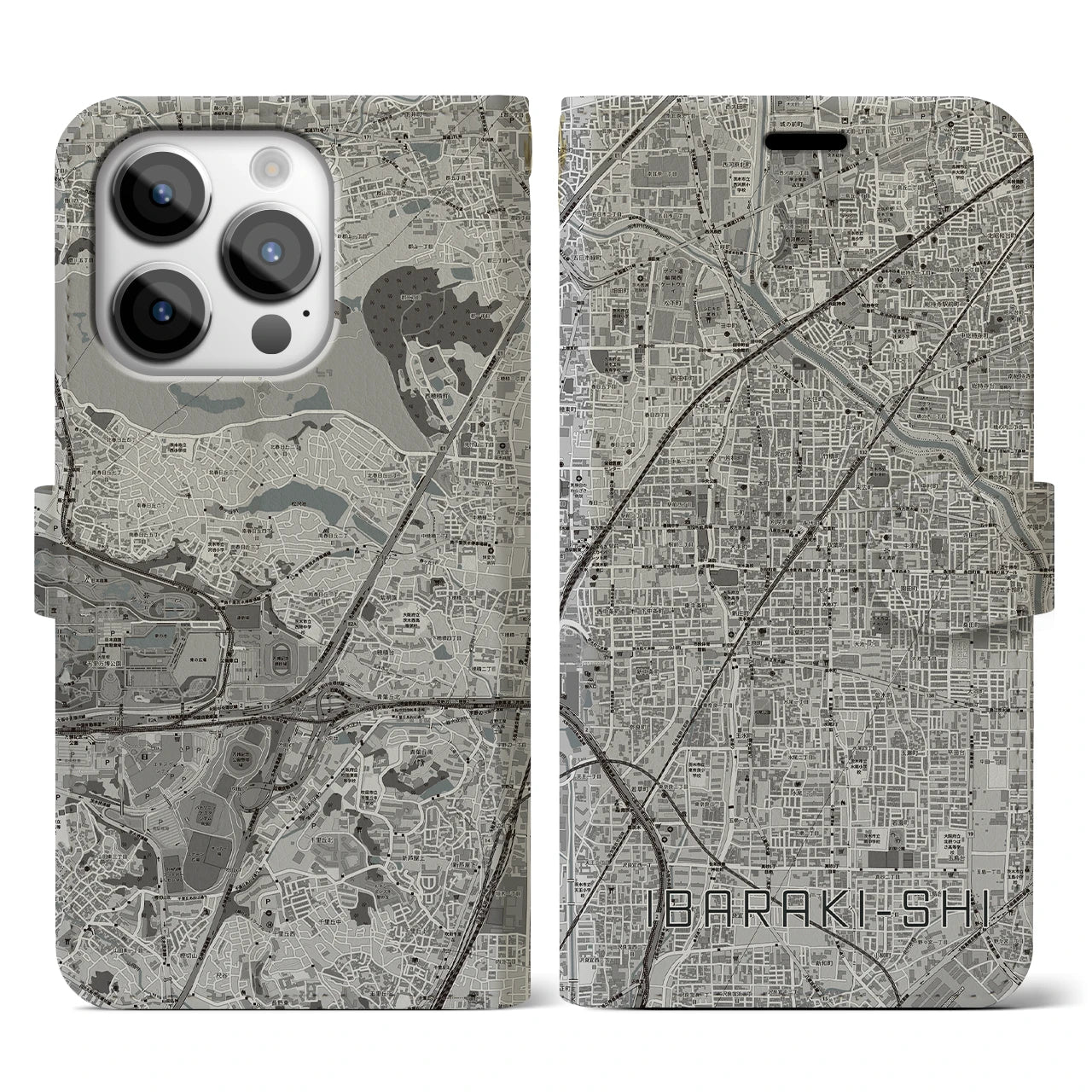 【茨木市(大阪府)】地図柄iPhoneケース(手帳タイプ)モノトーン・iPhone 14 Pro 用