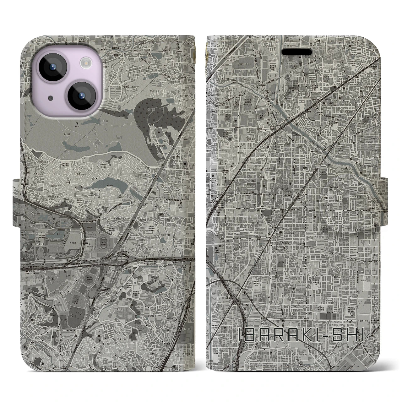 【茨木市(大阪府)】地図柄iPhoneケース(手帳タイプ)モノトーン・iPhone 14 用