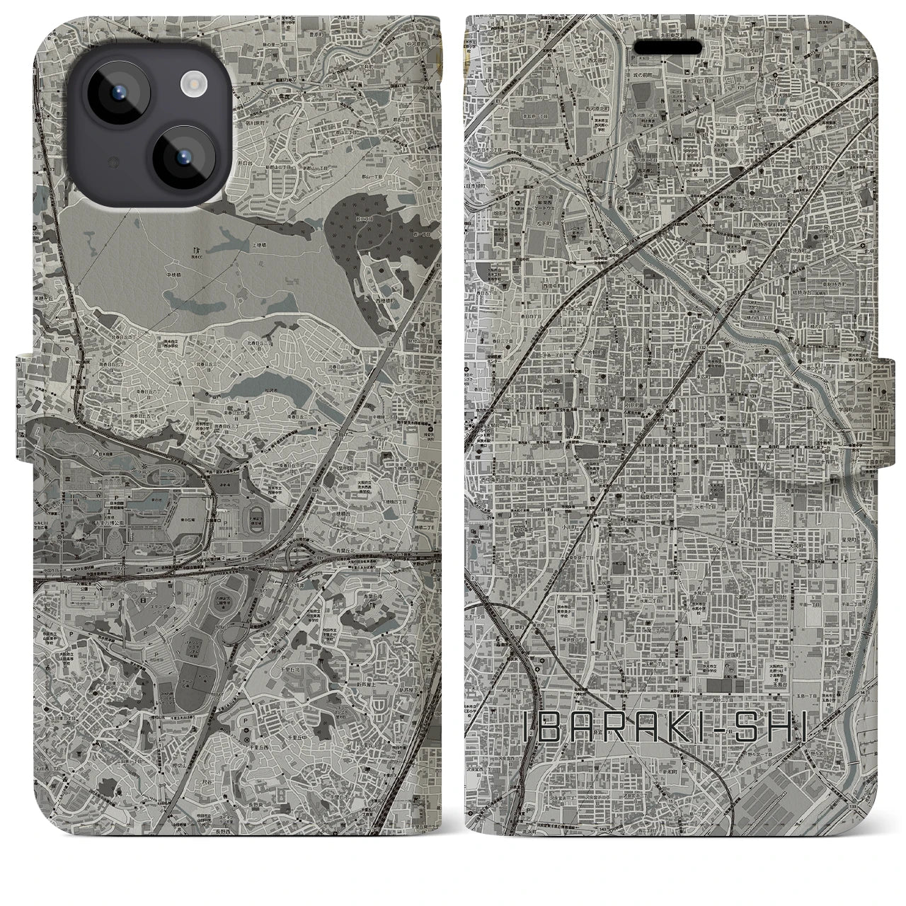【茨木市(大阪府)】地図柄iPhoneケース(手帳タイプ)モノトーン・iPhone 14 Plus 用