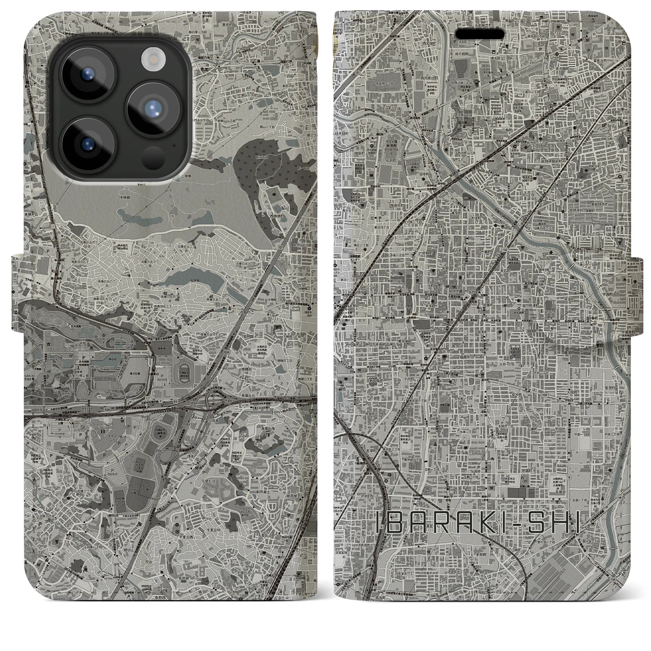 【茨木市(大阪府)】地図柄iPhoneケース(手帳タイプ)モノトーン・iPhone 15 Pro Max 用