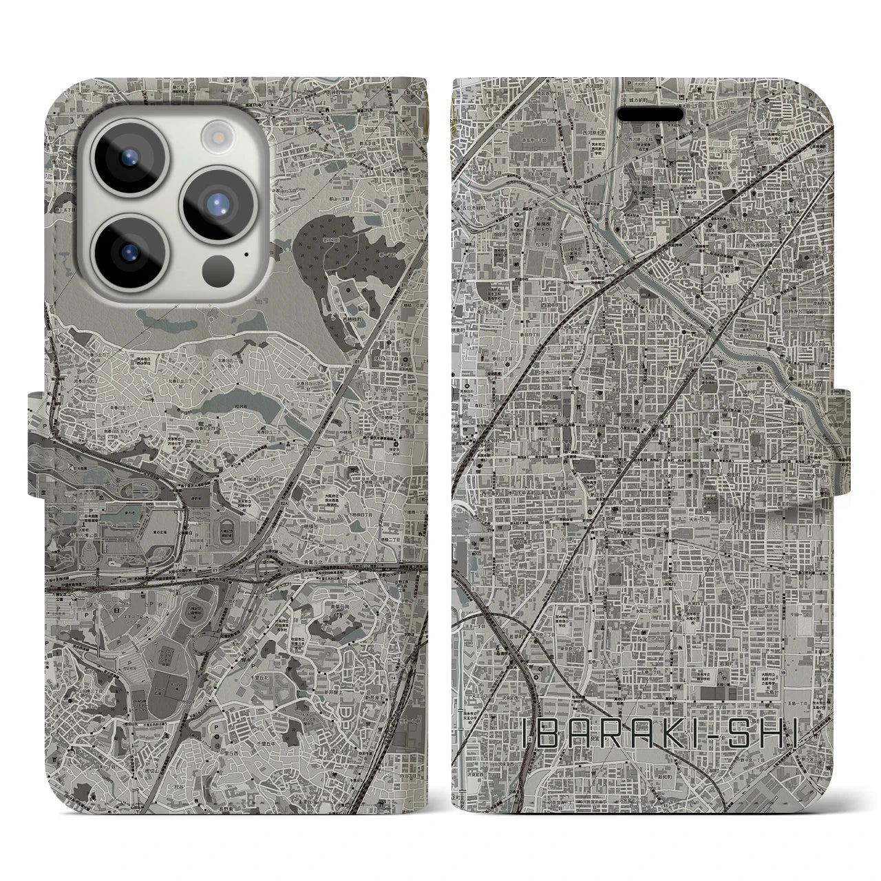 【茨木市(大阪府)】地図柄iPhoneケース(手帳タイプ)モノトーン・iPhone 15 Pro 用