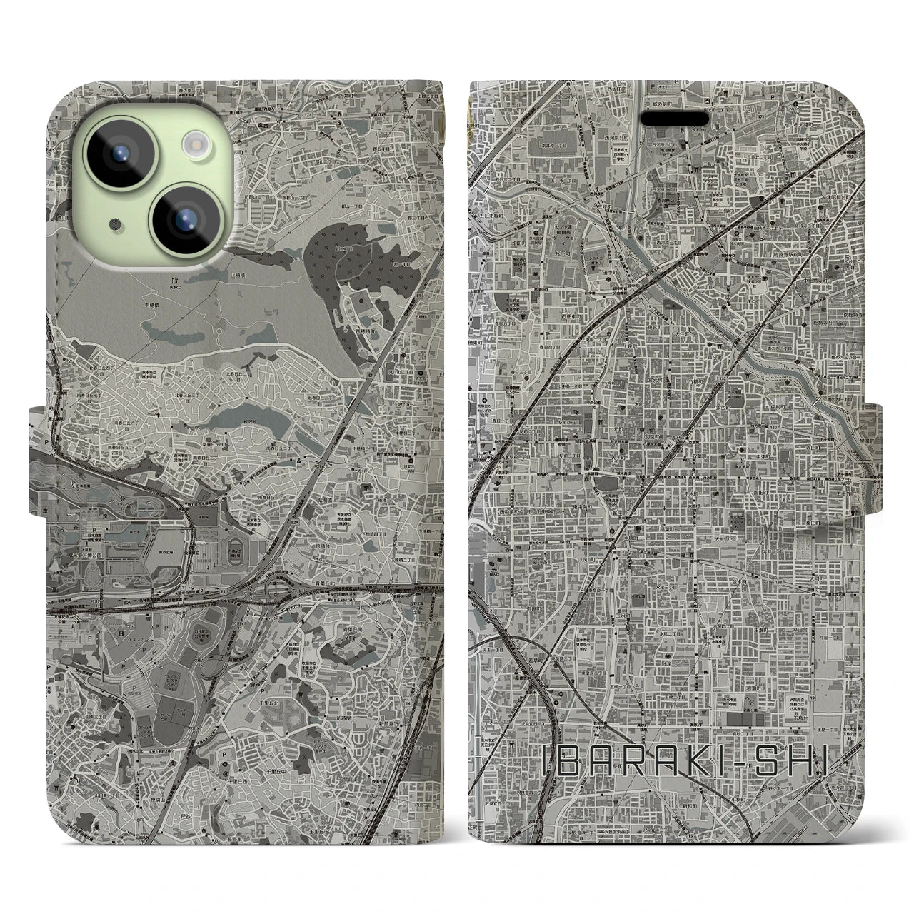 【茨木市(大阪府)】地図柄iPhoneケース(手帳タイプ)モノトーン・iPhone 15 用