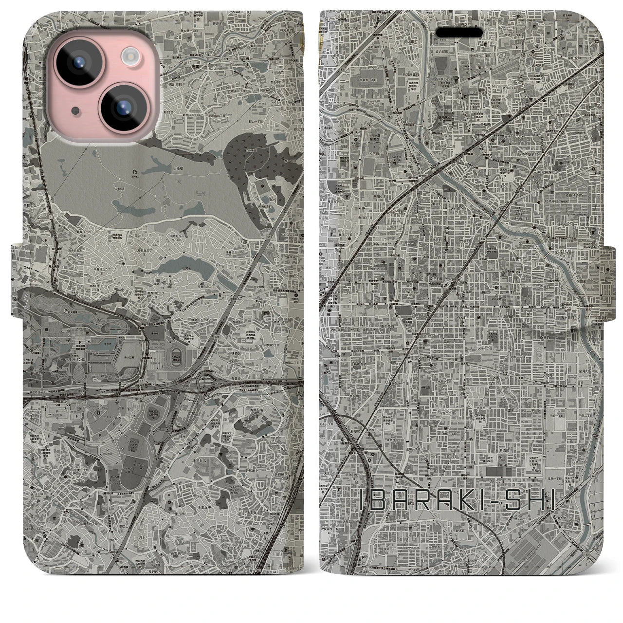 【茨木市(大阪府)】地図柄iPhoneケース(手帳タイプ)モノトーン・iPhone 15 Plus 用