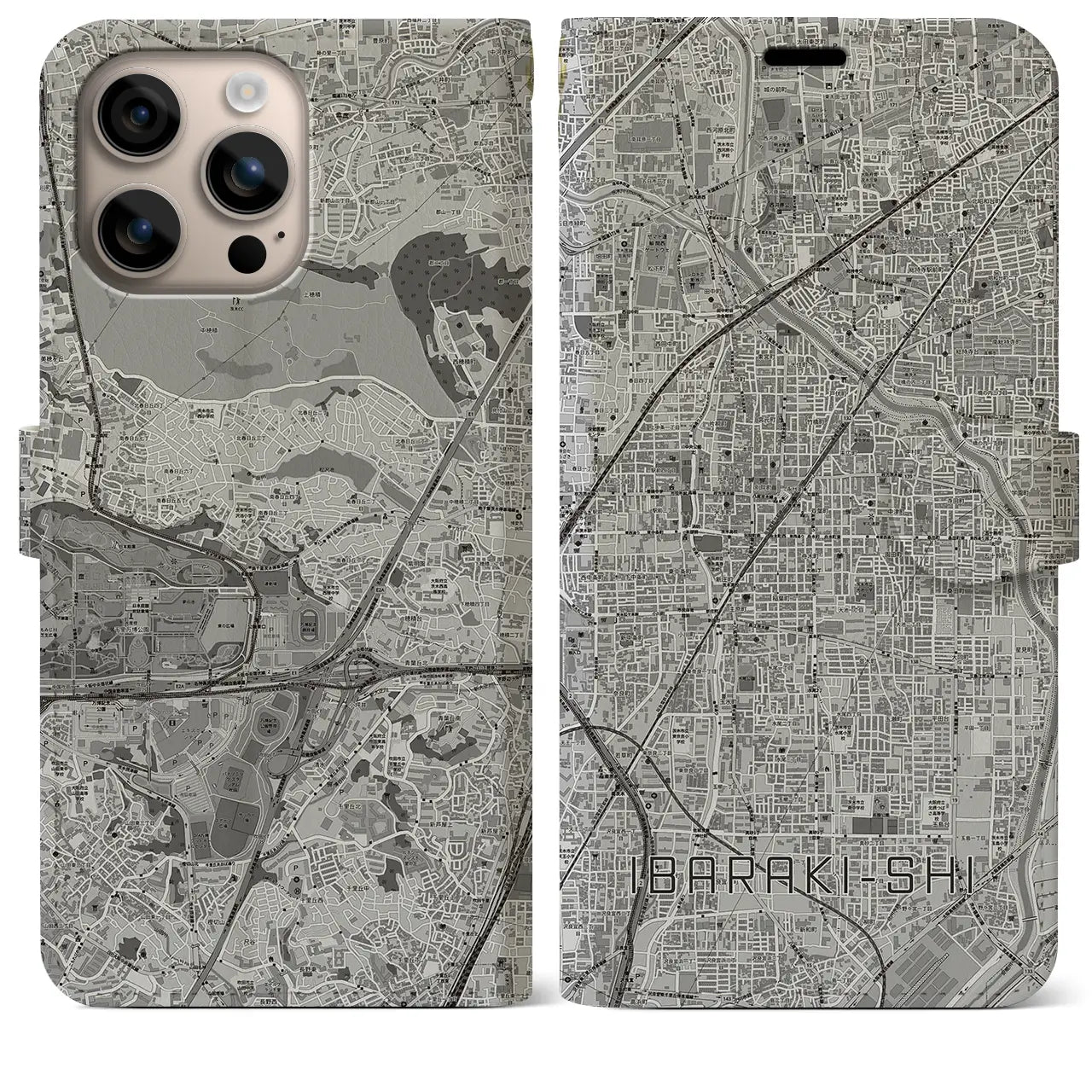 【茨木市(大阪府)】地図柄iPhoneケース(手帳タイプ)モノトーン・iPhone 16 Plus 用