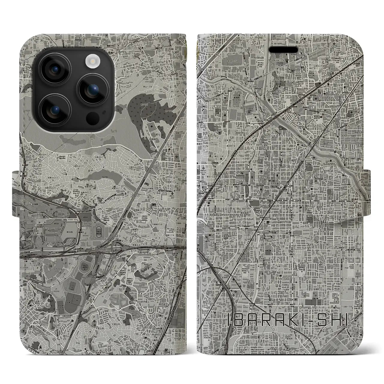 【茨木市(大阪府)】地図柄iPhoneケース(手帳タイプ)モノトーン・iPhone 16 用