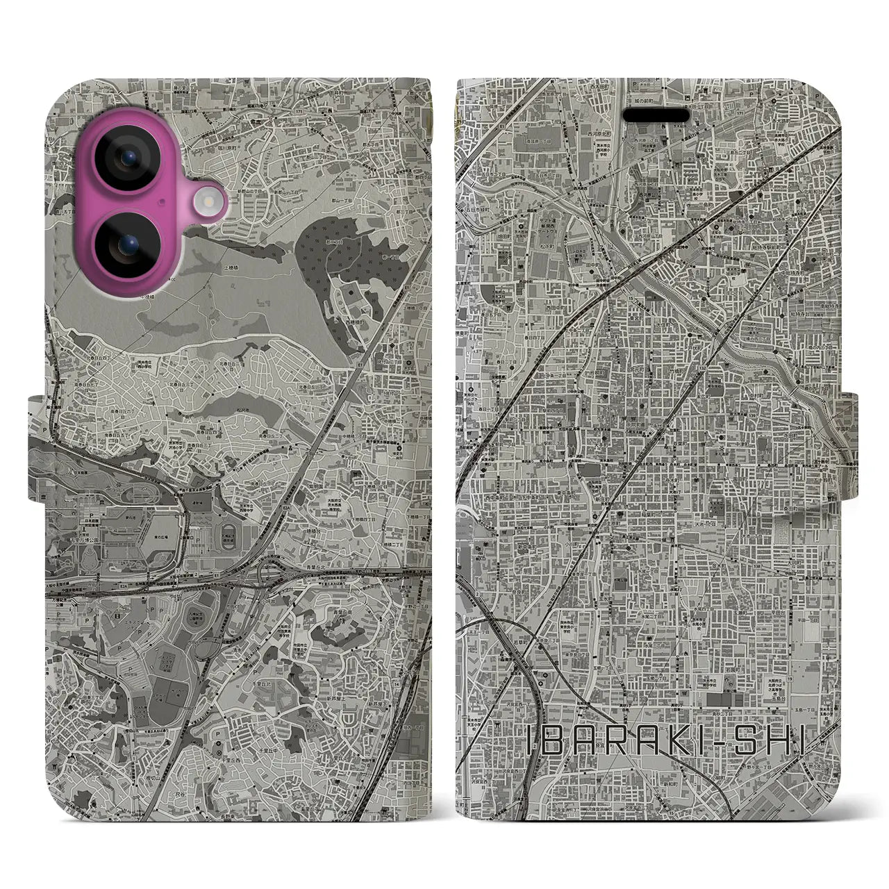 【茨木市(大阪府)】地図柄iPhoneケース(手帳タイプ)モノトーン・iPhone 16 Pro 用