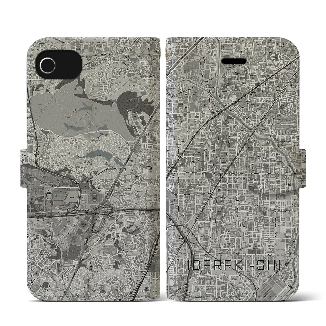 【茨木市(大阪府)】地図柄iPhoneケース(手帳タイプ)モノトーン・iPhone SE(第3 / 第2世代) / 8 / 7 / 6s / 6 用