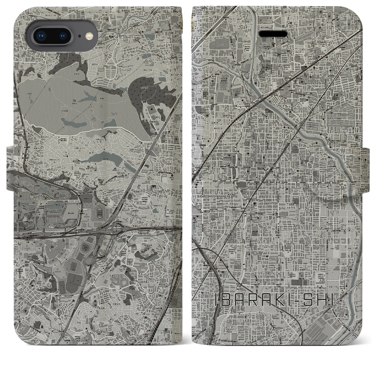 【茨木市(大阪府)】地図柄iPhoneケース(手帳タイプ)モノトーン・iPhone 8Plus /7Plus / 6sPlus / 6Plus 用