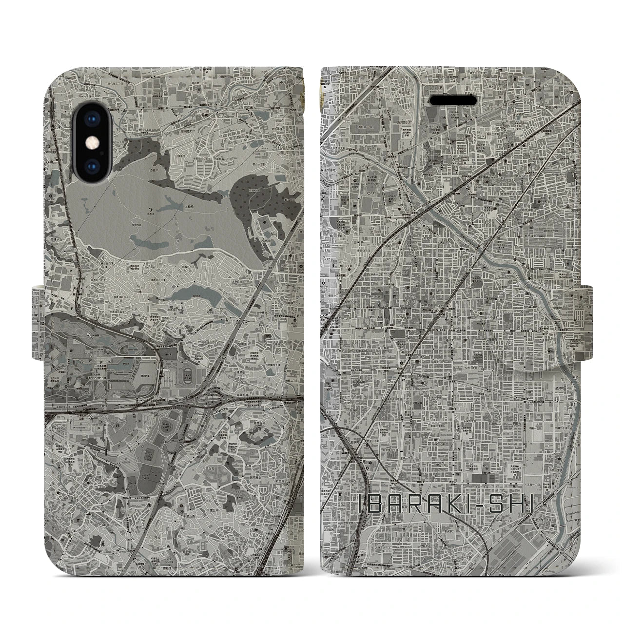 【茨木市(大阪府)】地図柄iPhoneケース(手帳タイプ)モノトーン・iPhone XS / X 用