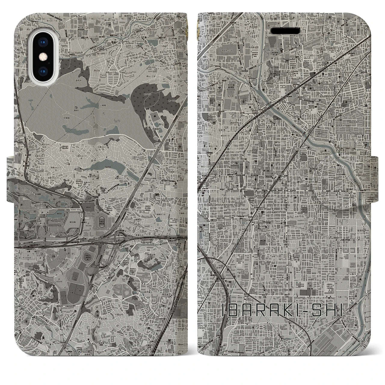 【茨木市(大阪府)】地図柄iPhoneケース(手帳タイプ)モノトーン・iPhone XS Max 用