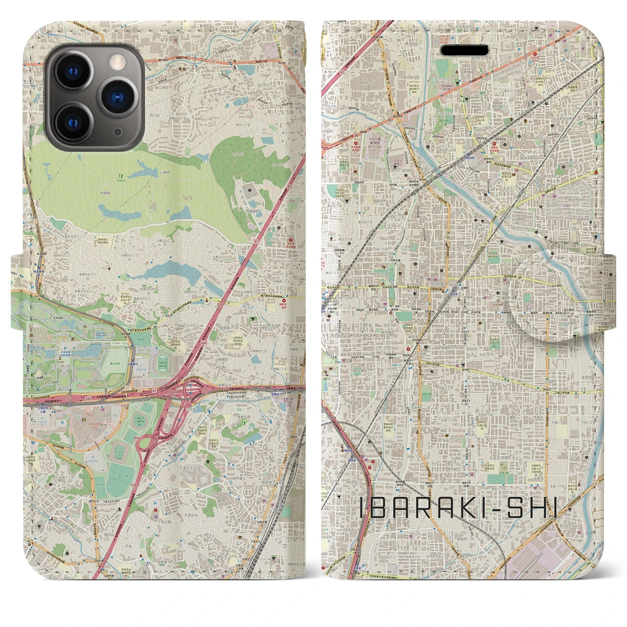 【茨木市(大阪府)】地図柄iPhoneケース(手帳タイプ)ナチュラル・iPhone 11 Pro Max 用