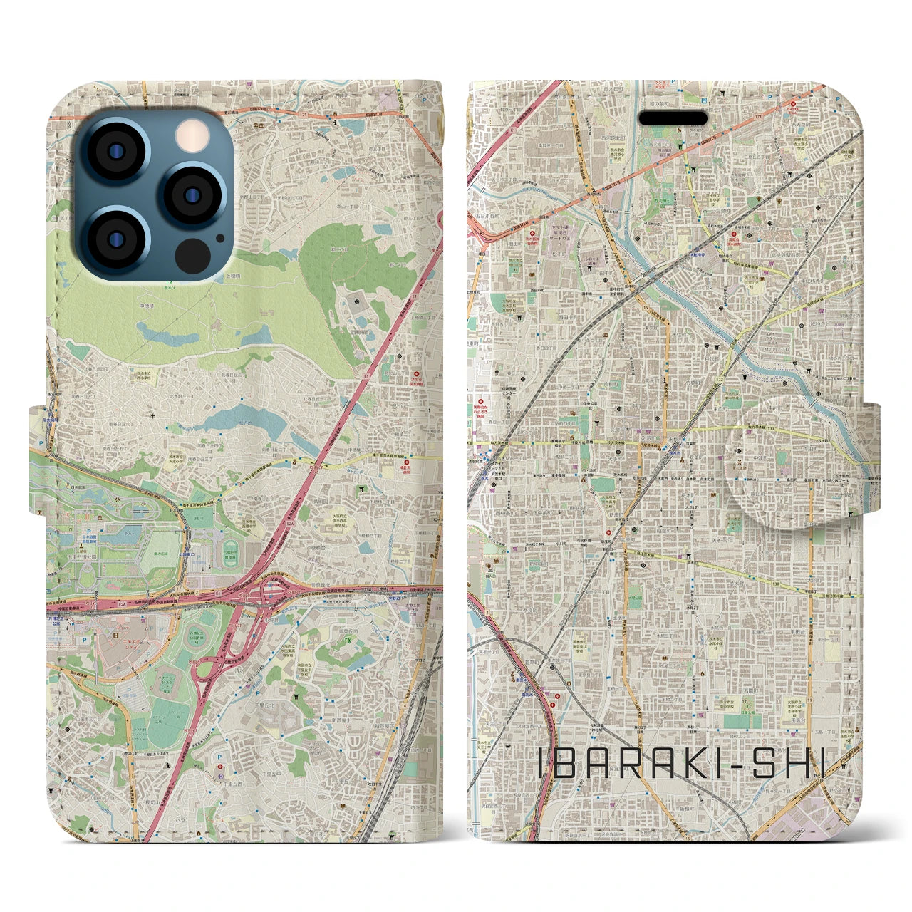 【茨木市(大阪府)】地図柄iPhoneケース(手帳タイプ)ナチュラル・iPhone 12 / 12 Pro 用