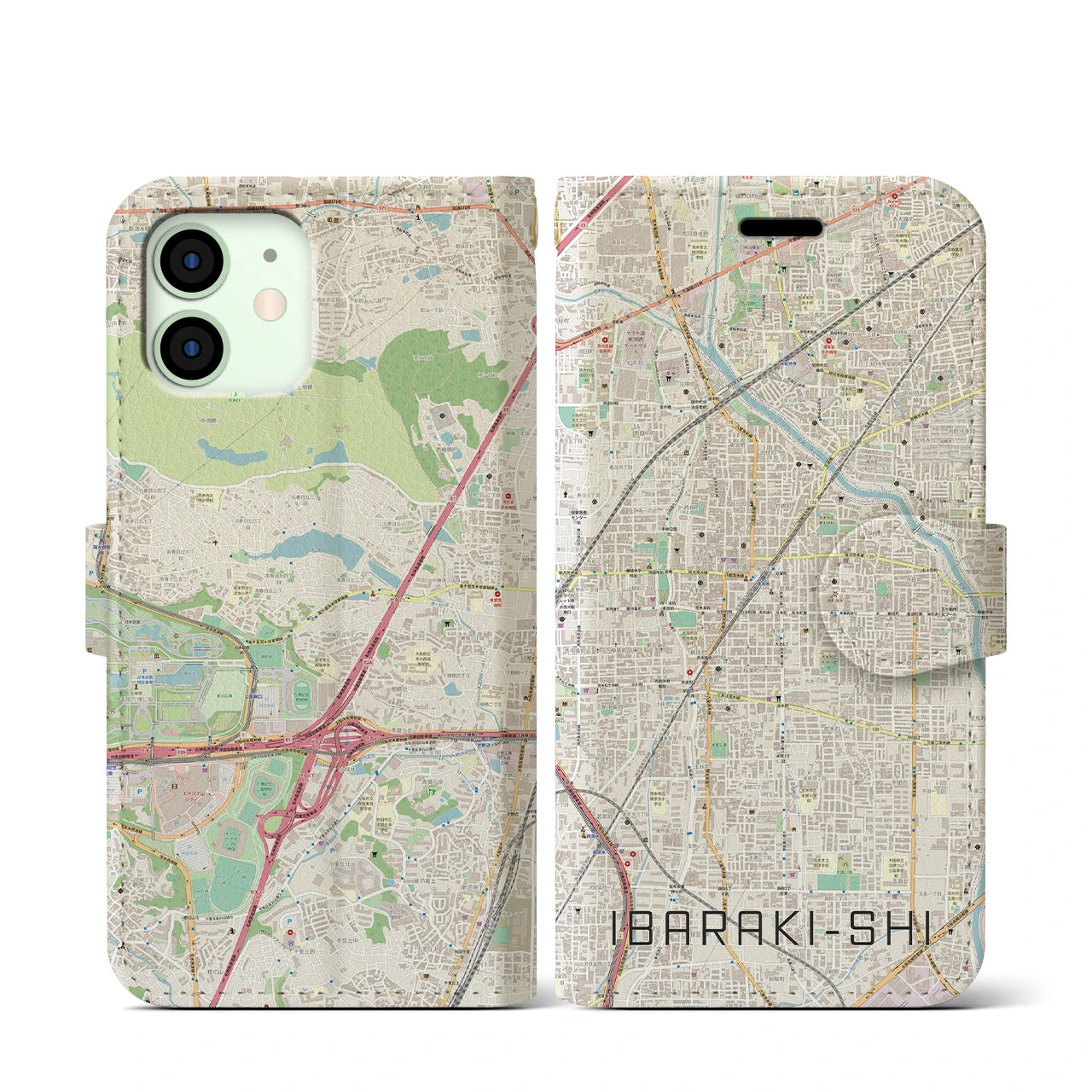 【茨木市(大阪府)】地図柄iPhoneケース(手帳タイプ)ナチュラル・iPhone 12 mini 用