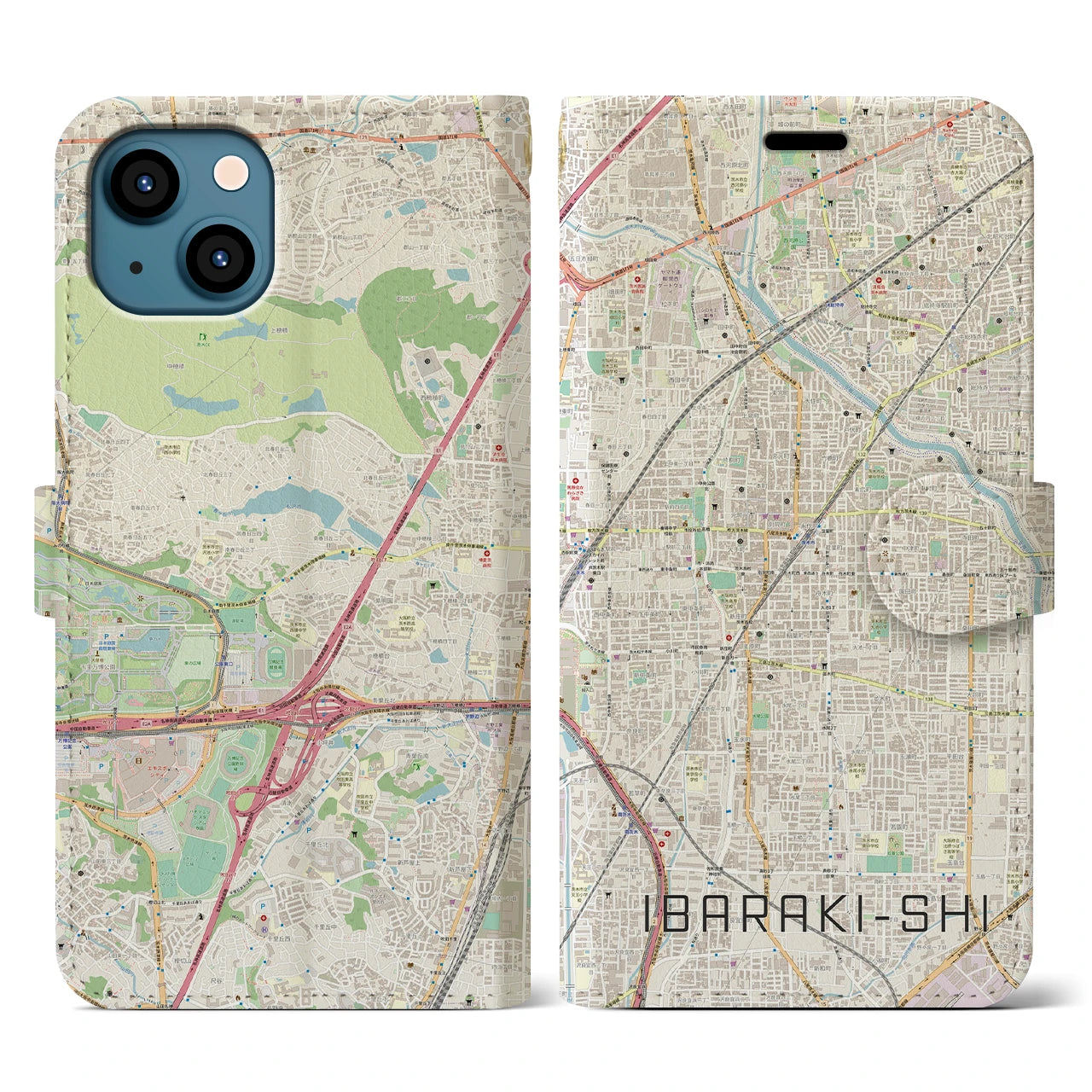 【茨木市(大阪府)】地図柄iPhoneケース(手帳タイプ)ナチュラル・iPhone 13 用