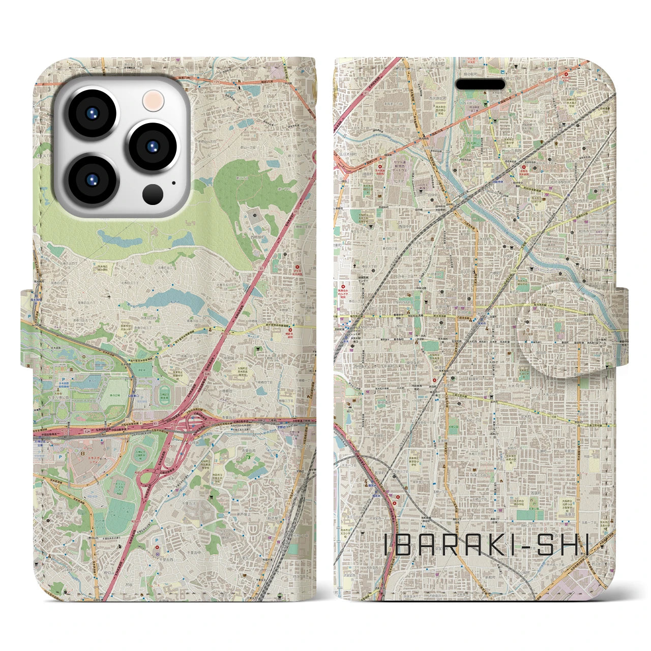【茨木市(大阪府)】地図柄iPhoneケース(手帳タイプ)ナチュラル・iPhone 13 Pro 用