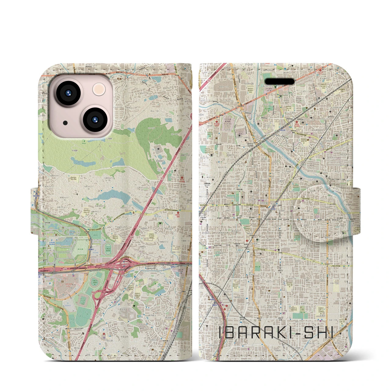 【茨木市(大阪府)】地図柄iPhoneケース(手帳タイプ)ナチュラル・iPhone 13 mini 用