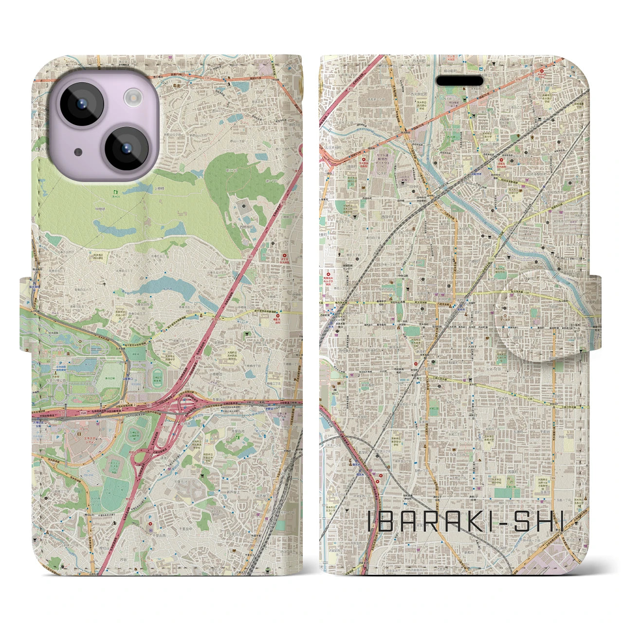 【茨木市(大阪府)】地図柄iPhoneケース(手帳タイプ)ナチュラル・iPhone 14 用