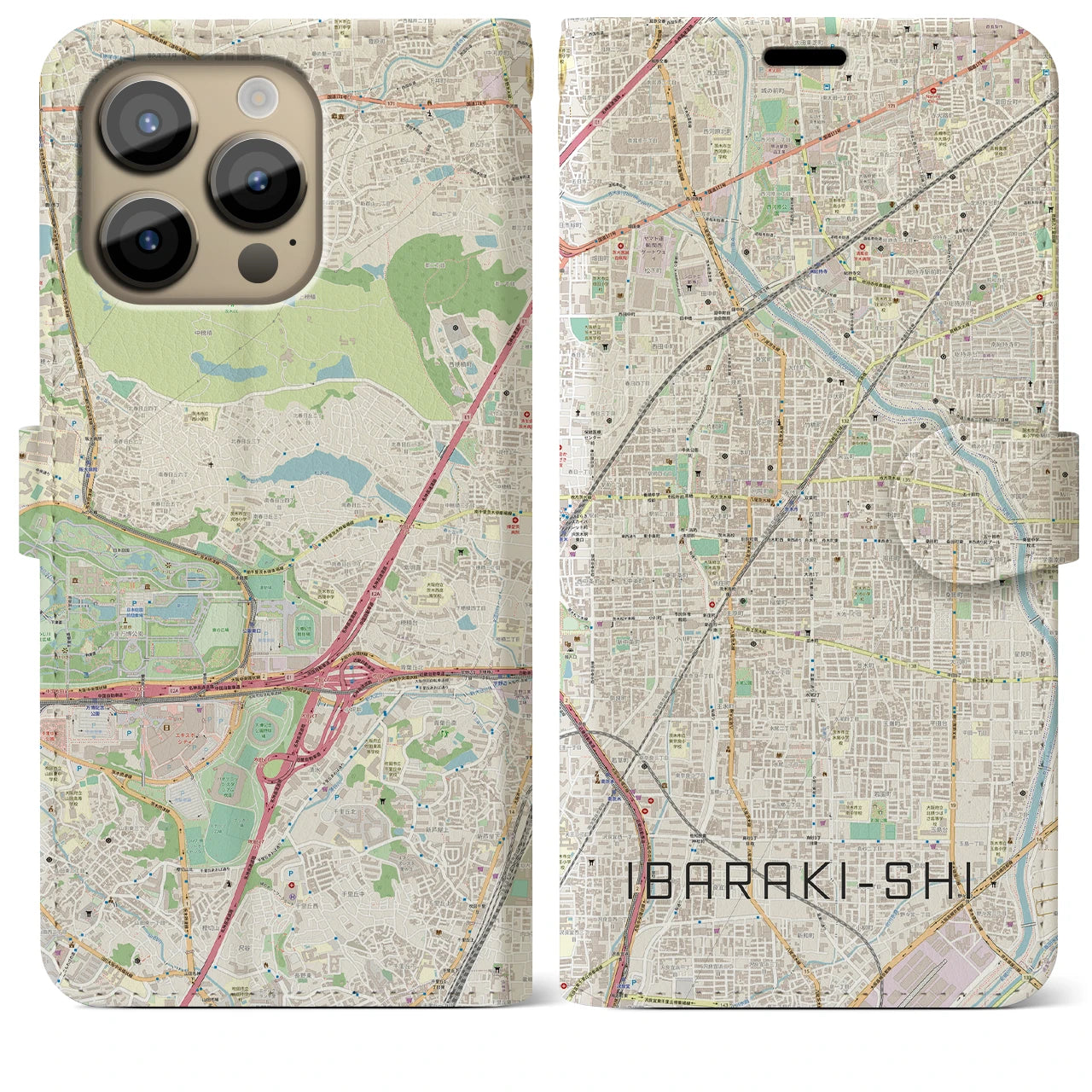 【茨木市(大阪府)】地図柄iPhoneケース(手帳タイプ)ナチュラル・iPhone 14 Pro Max 用