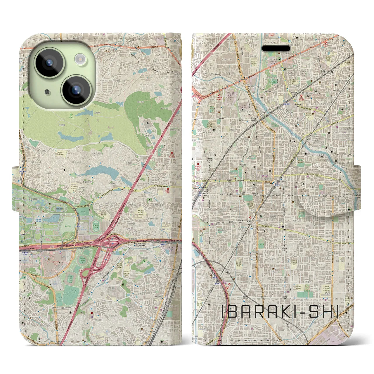 【茨木市(大阪府)】地図柄iPhoneケース(手帳タイプ)ナチュラル・iPhone 15 用