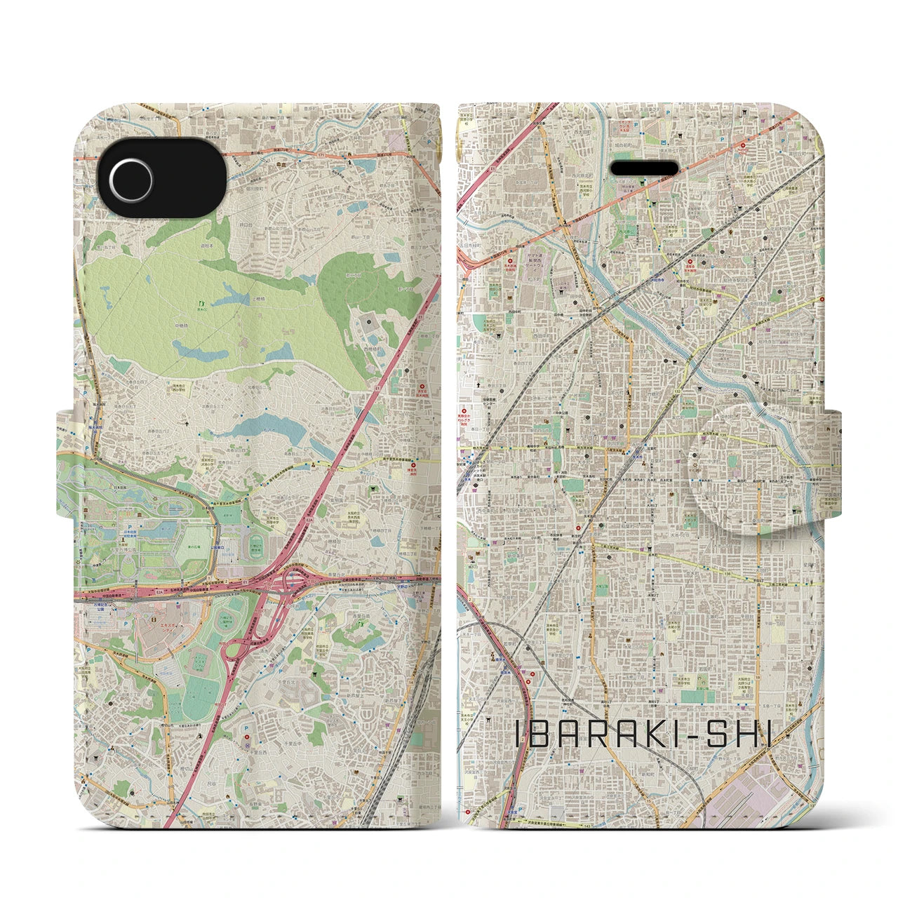 【茨木市(大阪府)】地図柄iPhoneケース(手帳タイプ)ナチュラル・iPhone SE(第3 / 第2世代) / 8 / 7 / 6s / 6 用