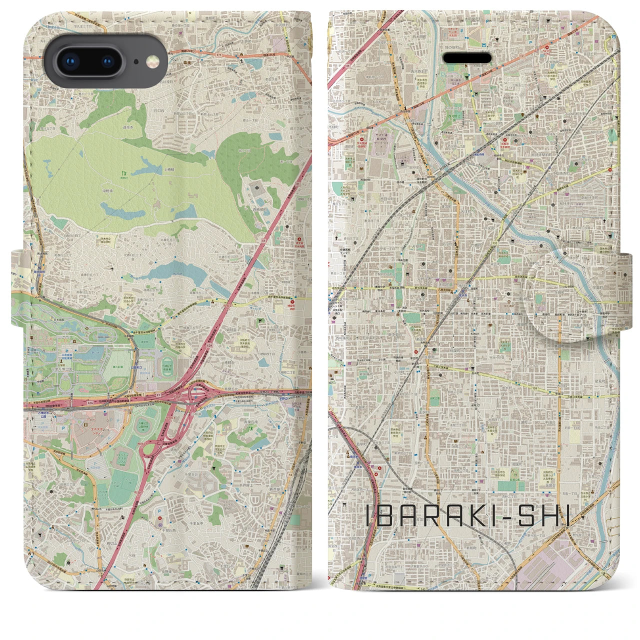 【茨木市(大阪府)】地図柄iPhoneケース(手帳タイプ)ナチュラル・iPhone 8Plus /7Plus / 6sPlus / 6Plus 用