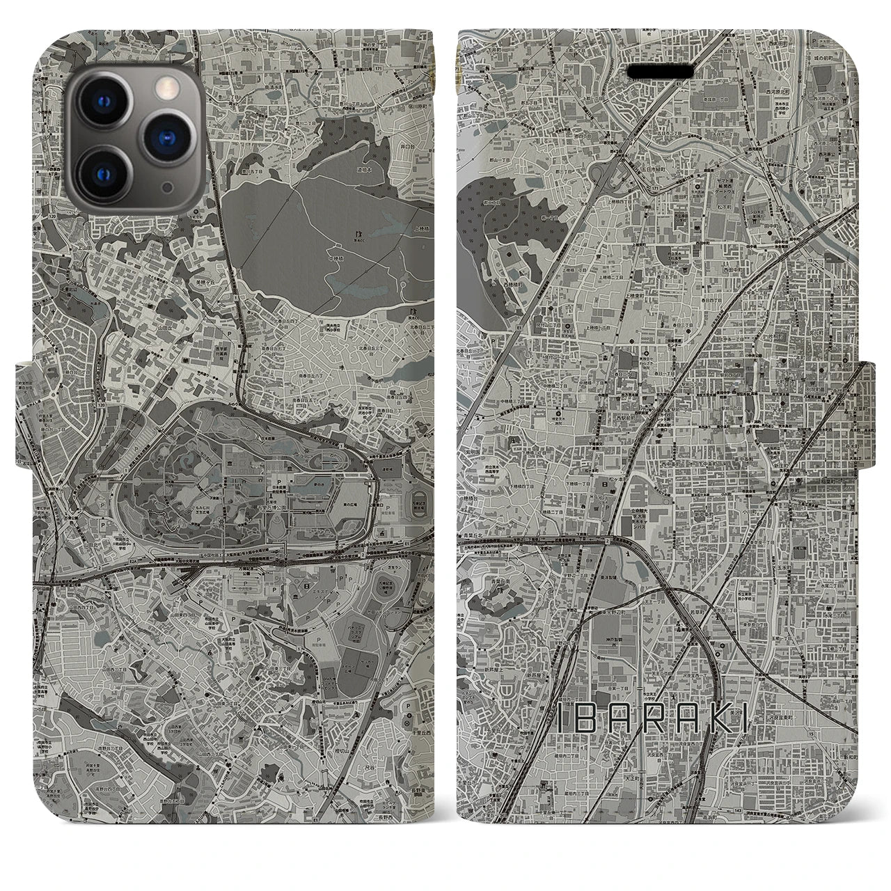 【茨木(大阪府)】地図柄iPhoneケース(手帳タイプ)モノトーン・iPhone 11 Pro Max 用