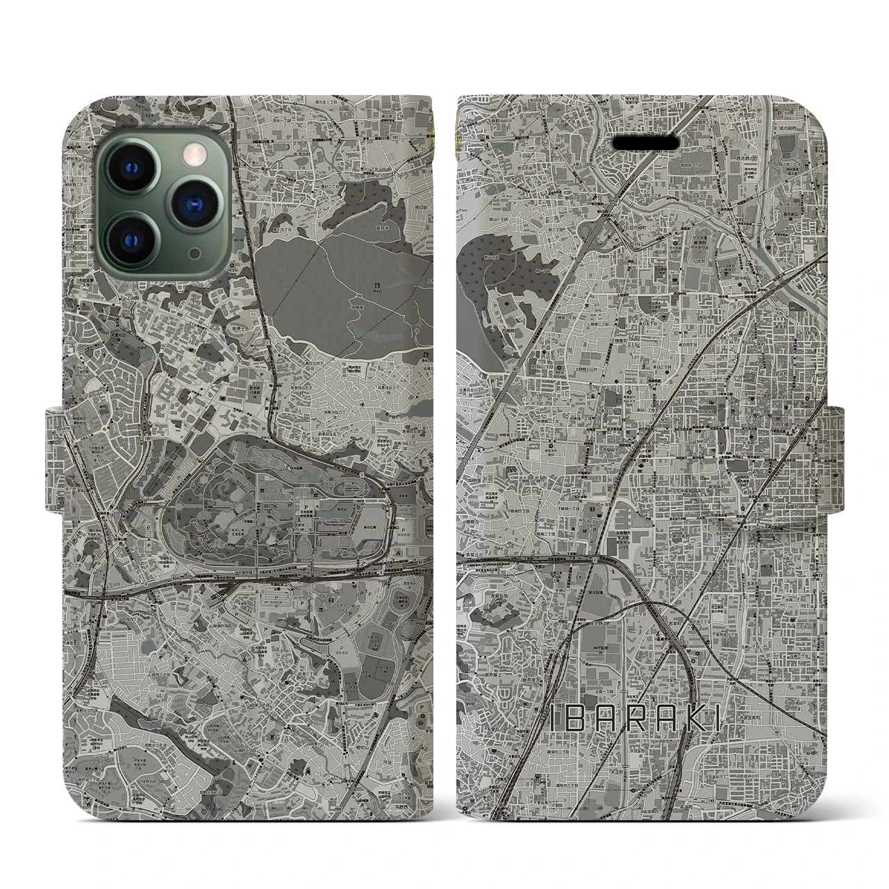 【茨木(大阪府)】地図柄iPhoneケース(手帳タイプ)モノトーン・iPhone 11 Pro 用