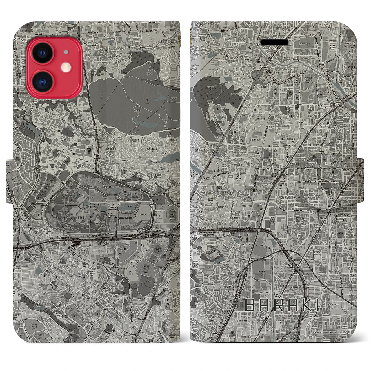 【茨木(大阪府)】地図柄iPhoneケース(手帳タイプ)モノトーン・iPhone 11 用