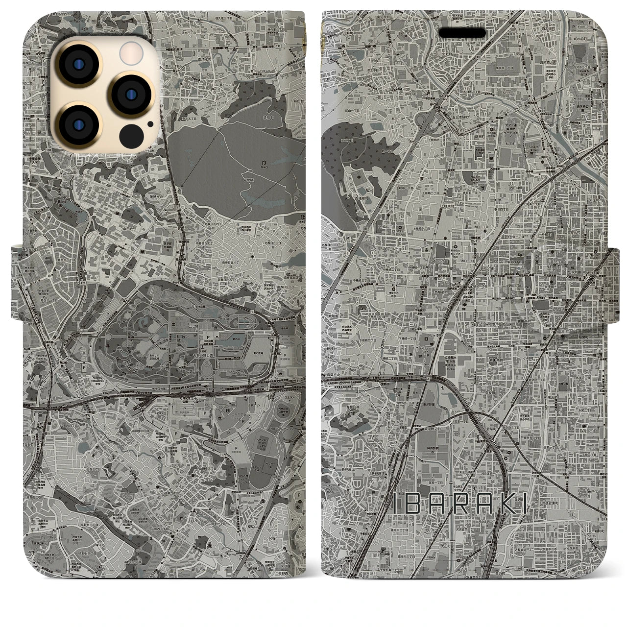 【茨木(大阪府)】地図柄iPhoneケース(手帳タイプ)モノトーン・iPhone 12 Pro Max 用