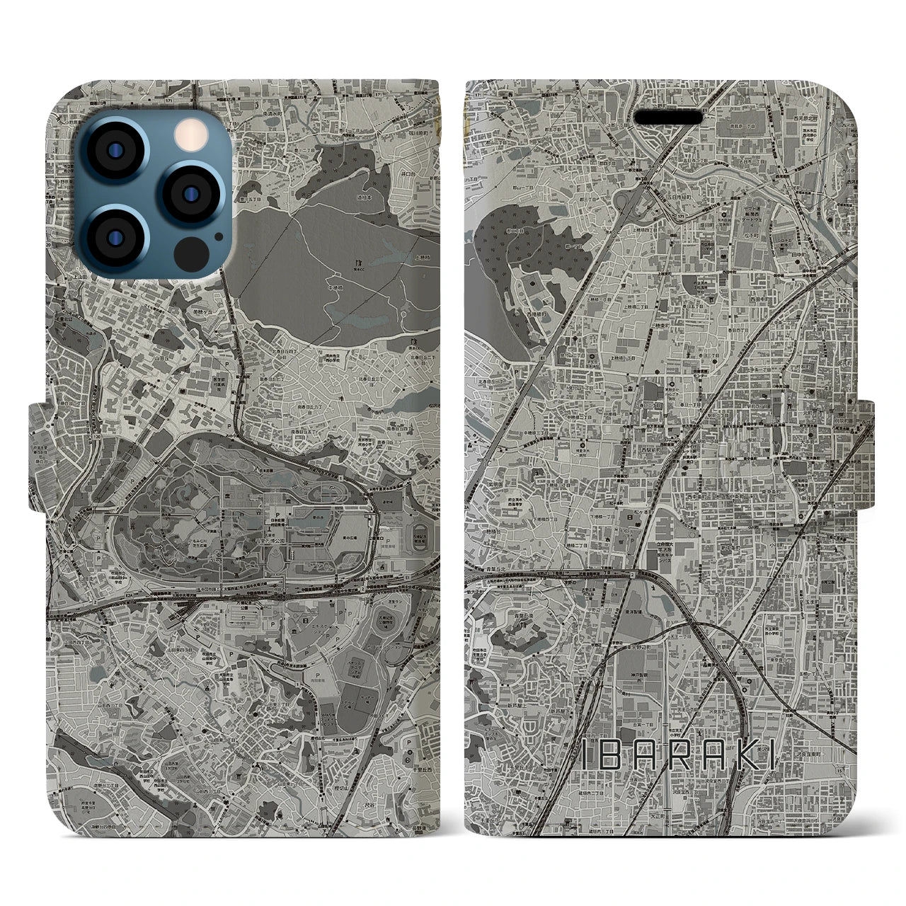 【茨木(大阪府)】地図柄iPhoneケース(手帳タイプ)モノトーン・iPhone 12 / 12 Pro 用