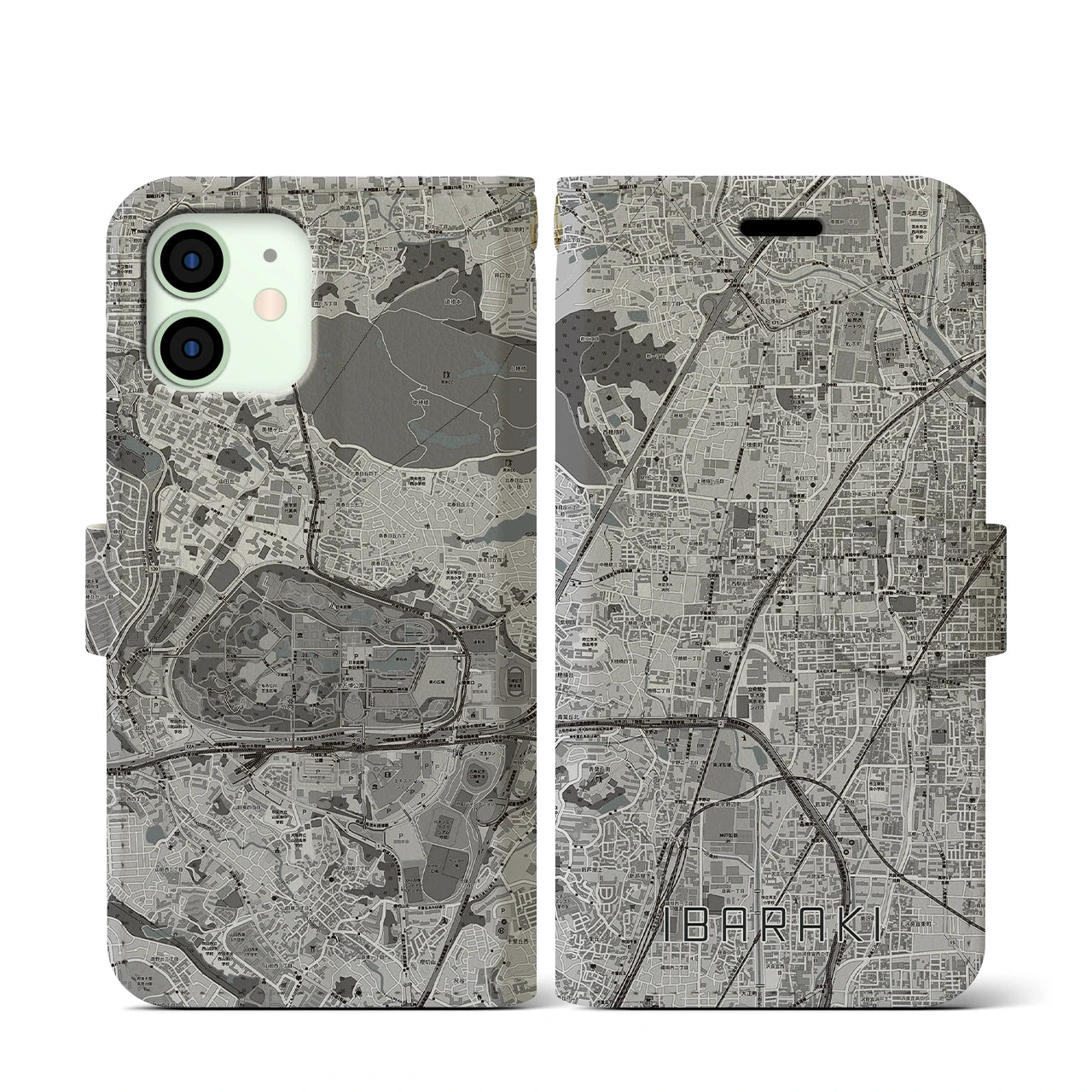 【茨木(大阪府)】地図柄iPhoneケース(手帳タイプ)モノトーン・iPhone 12 mini 用