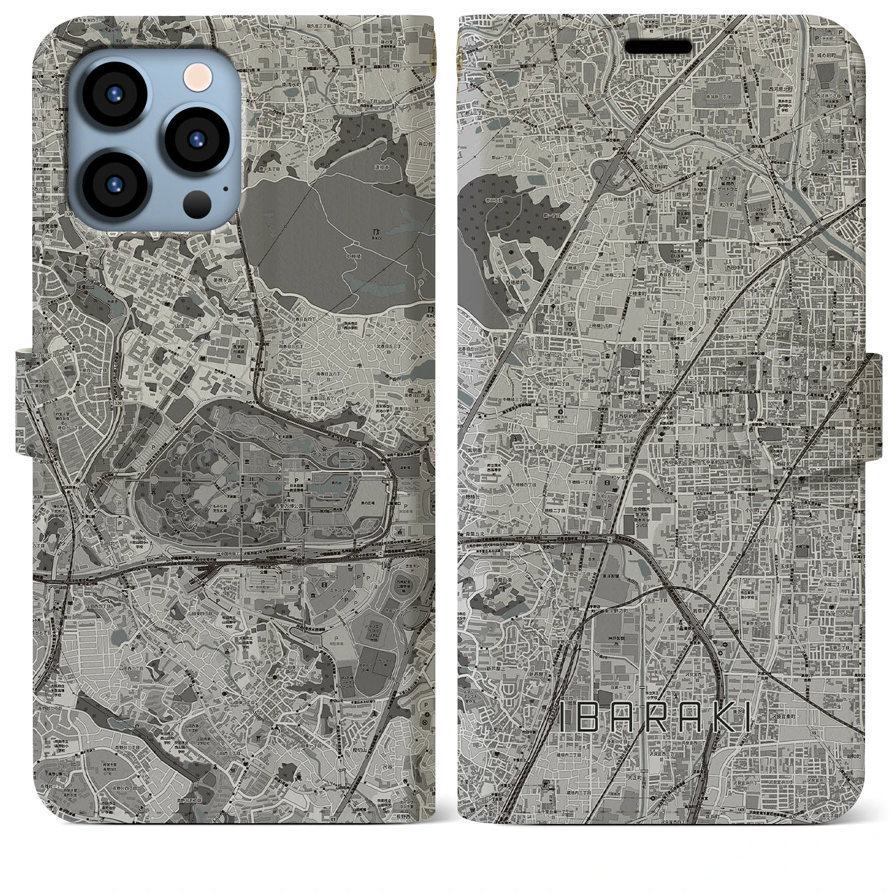 【茨木(大阪府)】地図柄iPhoneケース(手帳タイプ)モノトーン・iPhone 13 Pro Max 用