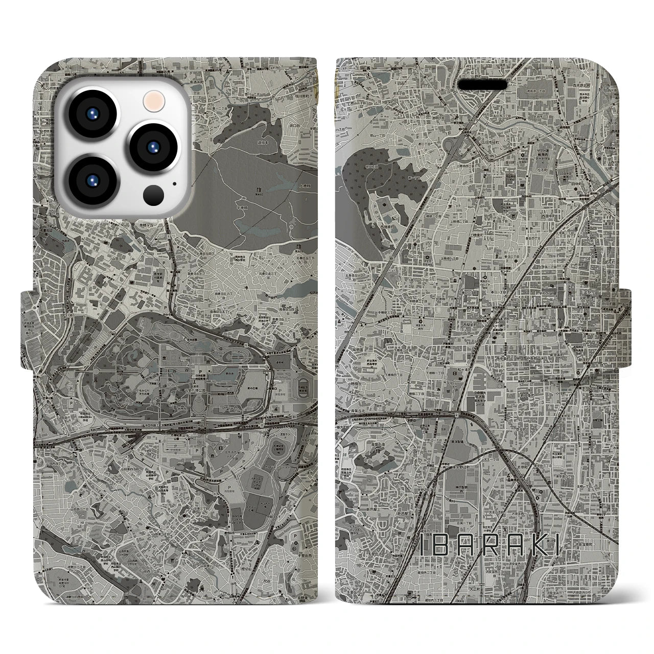 【茨木(大阪府)】地図柄iPhoneケース(手帳タイプ)モノトーン・iPhone 13 Pro 用