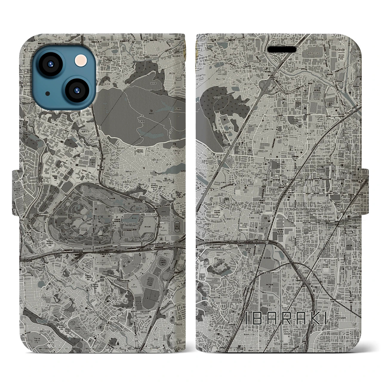 【茨木(大阪府)】地図柄iPhoneケース(手帳タイプ)モノトーン・iPhone 13 用