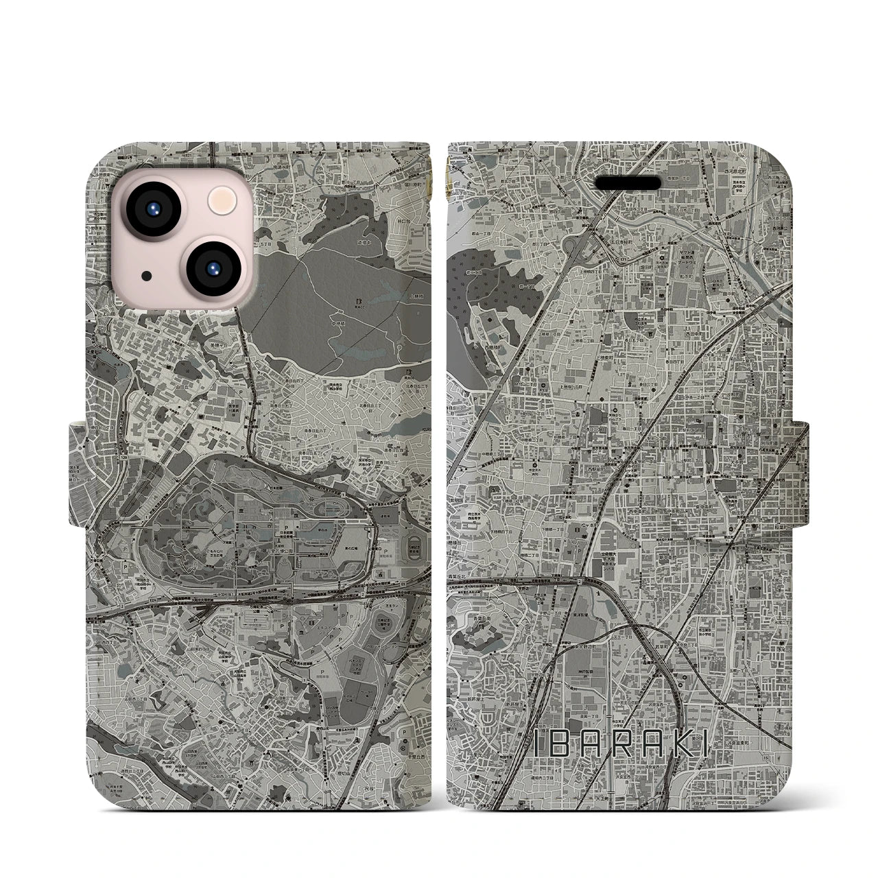 【茨木(大阪府)】地図柄iPhoneケース(手帳タイプ)モノトーン・iPhone 13 mini 用